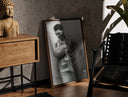 Walnut-framed Basketball player celebrating with ball print leaning against a sunlit rustic brick wall