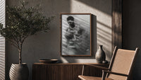 Basketball player celebrating with ball poster framed above a fluted sideboard beside an olive tree