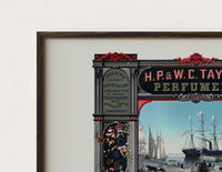 Close-up of the Victorian perfumers advertisement with harbor scene print's dark wood frame corner and archival matte paper