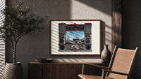 Victorian perfumers advertisement with harbor scene print in a wood frame above a fluted sideboard beside an olive tree