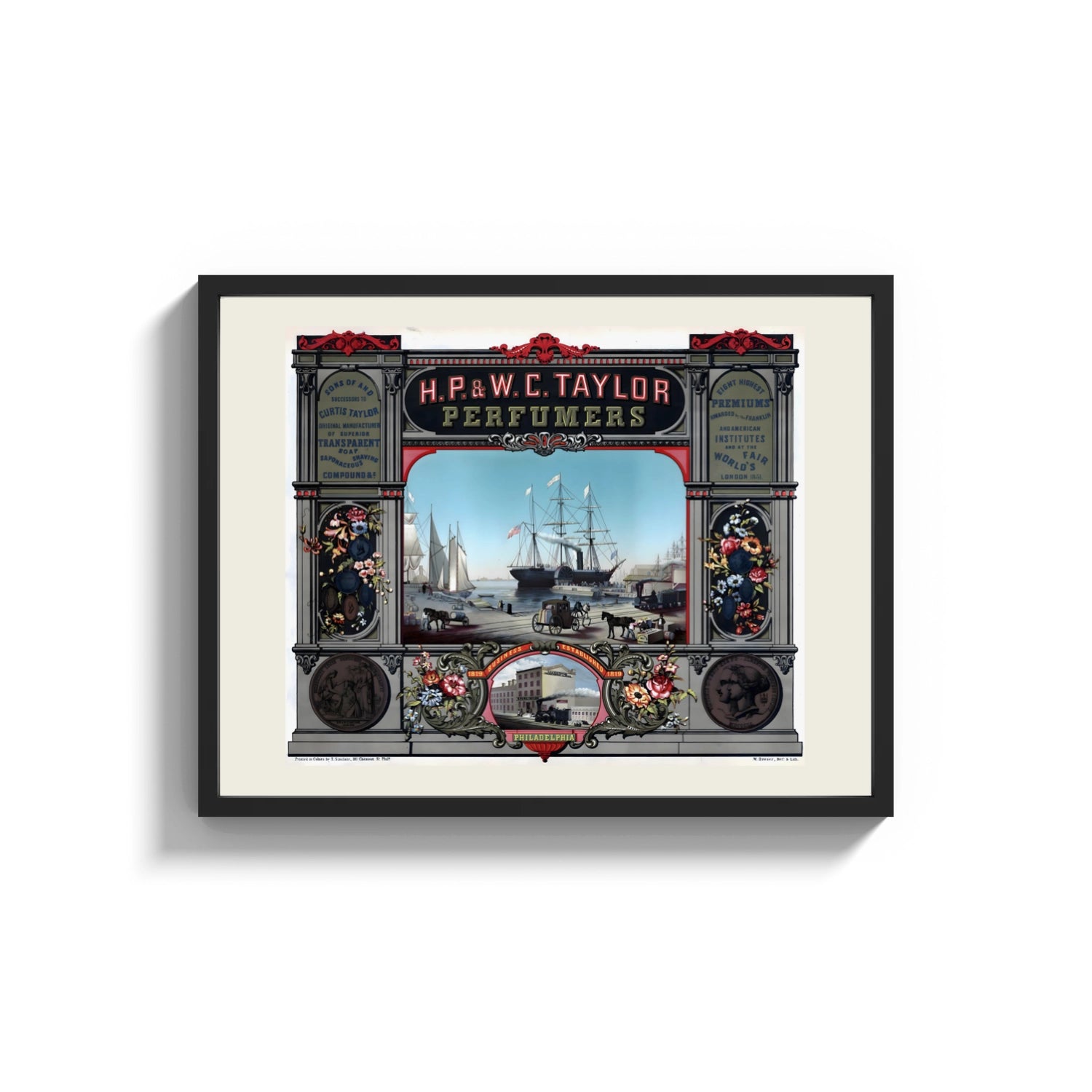 Framed Victorian perfumers advertisement with harbor scene print shown as a wide statement piece on a clean white wall