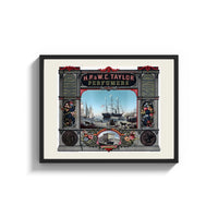 Framed Victorian perfumers advertisement with harbor scene print shown as a wide statement piece on a clean white wall