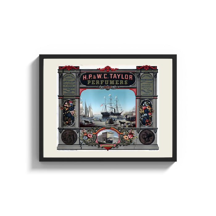 Framed Victorian perfumers advertisement with harbor scene print shown as a wide statement piece on a clean white wall