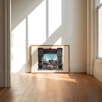 Victorian perfumers advertisement with harbor scene print in an oak frame on a sunlit wood floor beneath tall window light
