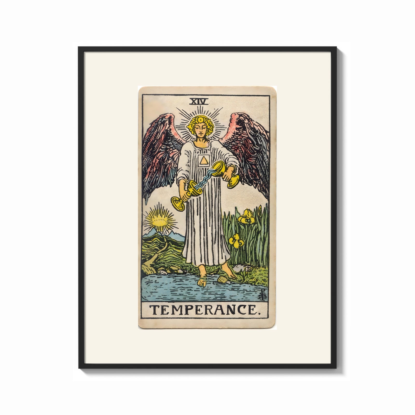 Framed Winged angel pouring water between cups print shown as a bold statement piece on a clean gallery wall