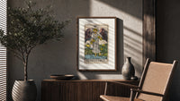Winged angel pouring water between cups poster framed above a fluted sideboard beside an olive tree