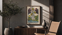 Temperance poster framed above a fluted sideboard beside a potted tree