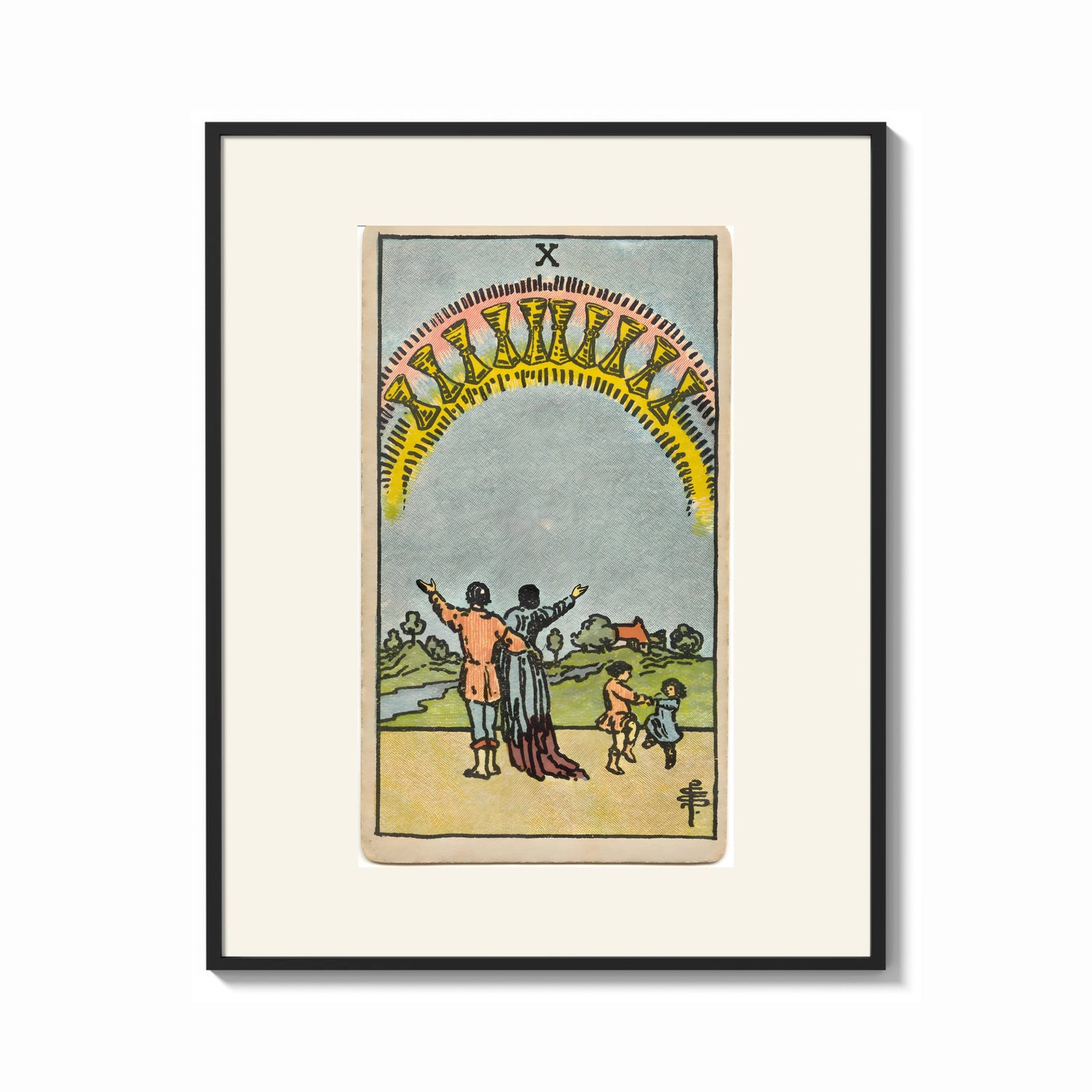 Framed Ten of Cups tarot family print shown as a bold statement piece on a clean gallery wall