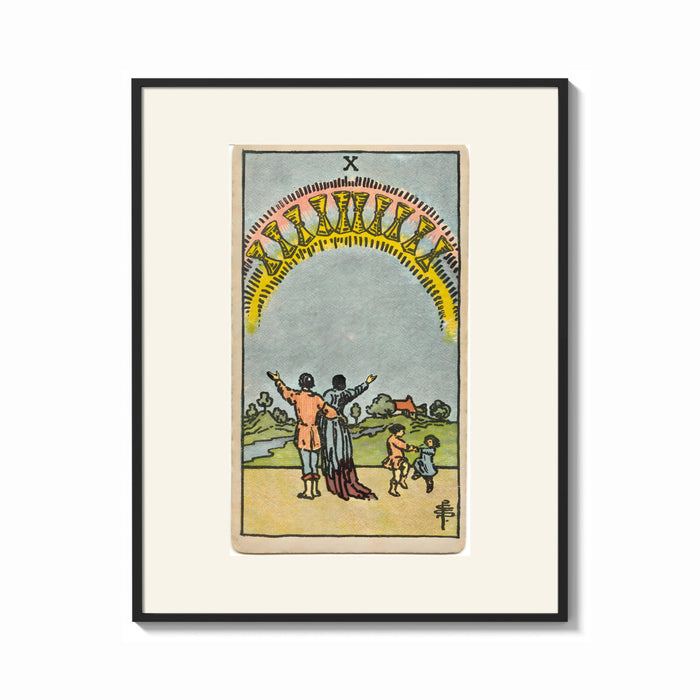 Framed Ten of Cups tarot family print shown as a bold statement piece on a clean gallery wall