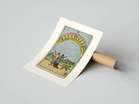 Rolled Ten of Cups tarot family poster beside its crush-resistant kraft shipping tube