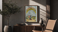 Ten of Cups poster framed above a fluted sideboard beside a potted tree