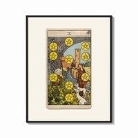 Framed Ten of Pentacles tarot card print shown as a bold statement piece on a clean gallery wall