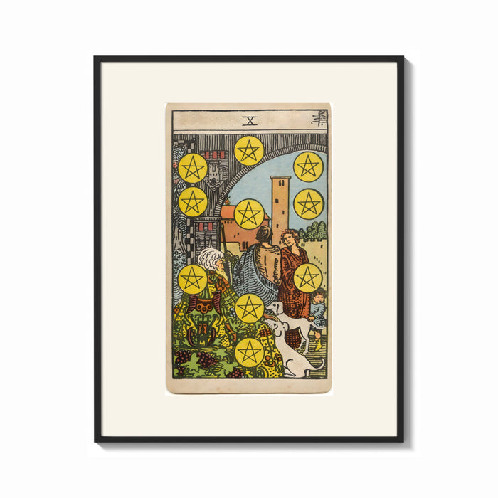 Framed Ten of Pentacles tarot card print shown as a bold statement piece on a clean gallery wall