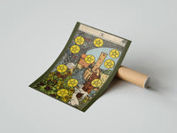 Gently curled Ten of Pentacles print beside its protective shipping tube