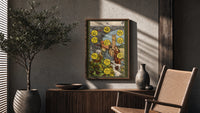 Ten of Pentacles poster framed above a fluted sideboard beside a potted tree