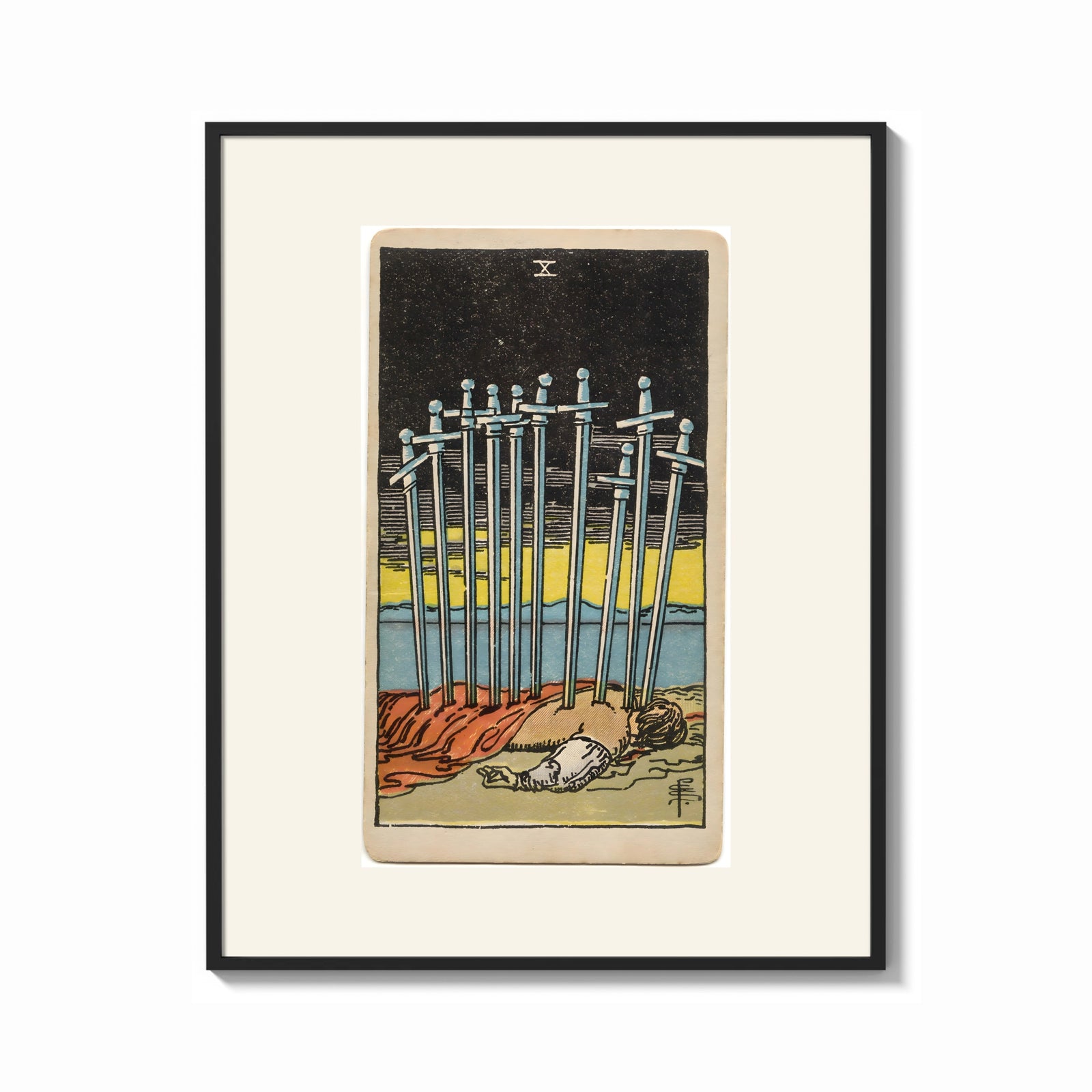Framed Ten Swords Tarot card print shown as a bold statement piece on a clean gallery wall