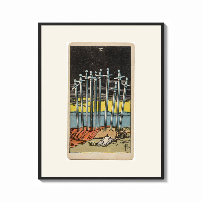 Framed Ten Swords Tarot card print shown as a bold statement piece on a clean gallery wall