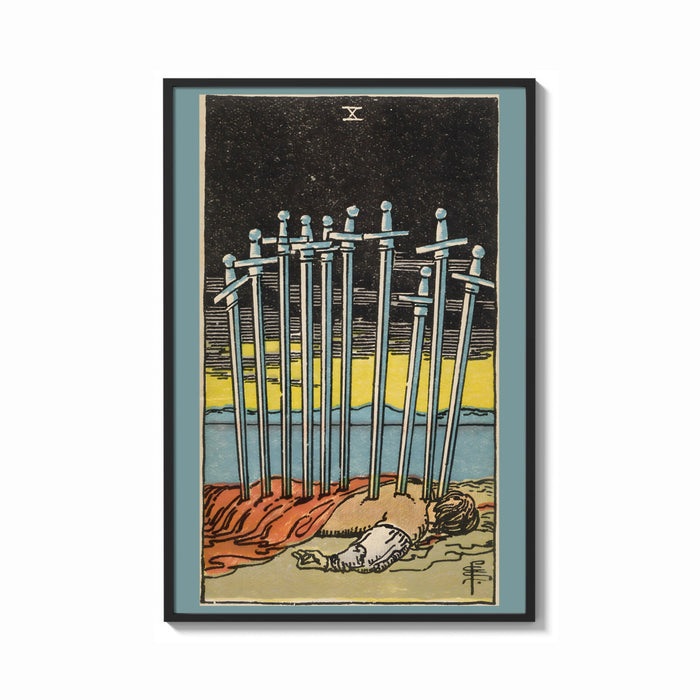 Framed Ten of Swords print shown as a bold statement piece on a clean gallery wall
