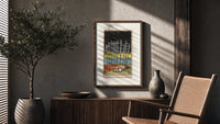 Ten Swords Tarot card poster framed above a fluted sideboard beside an olive tree