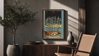 Ten of Swords poster framed above a fluted sideboard beside a potted tree