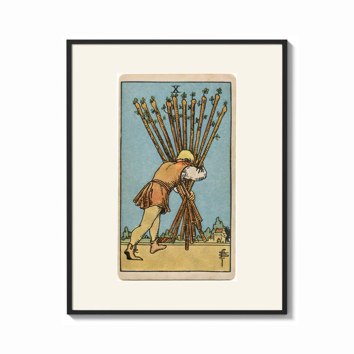 Framed Man carrying ten wooden staves print shown as a bold statement piece on a clean gallery wall