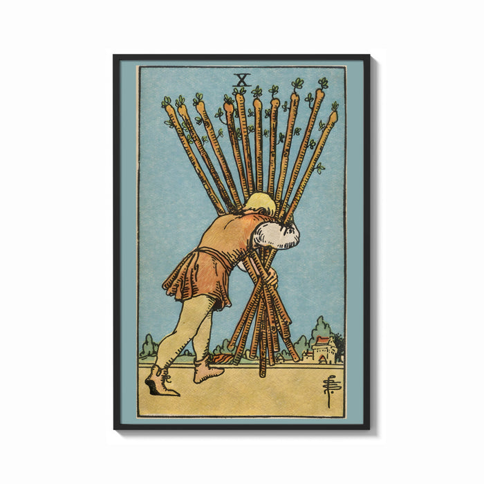 Framed Ten of Wands print shown as a bold statement piece on a clean gallery wall