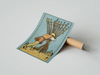 Gently curled Ten of Wands print beside its protective shipping tube
