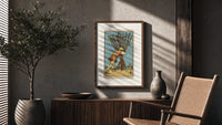 Man carrying ten wooden staves poster framed above a fluted sideboard beside an olive tree