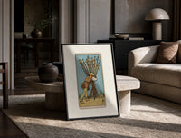 Man carrying ten wooden staves print in a black frame leaning on a travertine table in a sunlit lounge