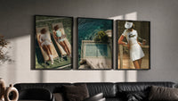 Tennis Club Poster Set triptych in three black frames on a grey wall above a leather sofa