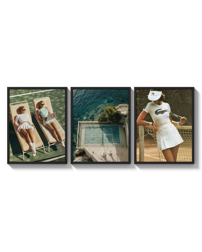 Tennis Club Poster Set triptych arranged on a bright gallery wall