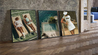 Tennis Club Poster Set three-piece set leaning on parquet beside a vintage loft door