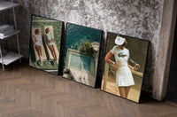 Tennis Club Poster Set set of three black-framed prints leaning against a raw-plaster wall