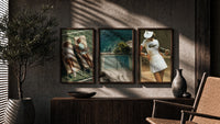Tennis Club Poster Set triptych in three walnut frames above a sideboard in a warm room