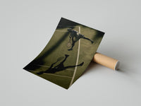 Tennis serve shadow poster partly unrolled from a cardboard shipping tube revealing the overhead player view