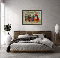 Thanksgiving Towne Turkey Wagon print in a wood frame above a bed with a woven cane headboard