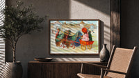 Thanksgiving Towne Turkey Wagon print in a walnut frame above a fluted sideboard and cane chair