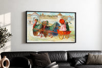 Thanksgiving Towne Turkey Wagon print in a black frame above a black leather sofa on a white wall
