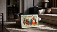 Thanksgiving Towne Turkey Wagon print in a black frame leaning on a rug beside a beige sofa