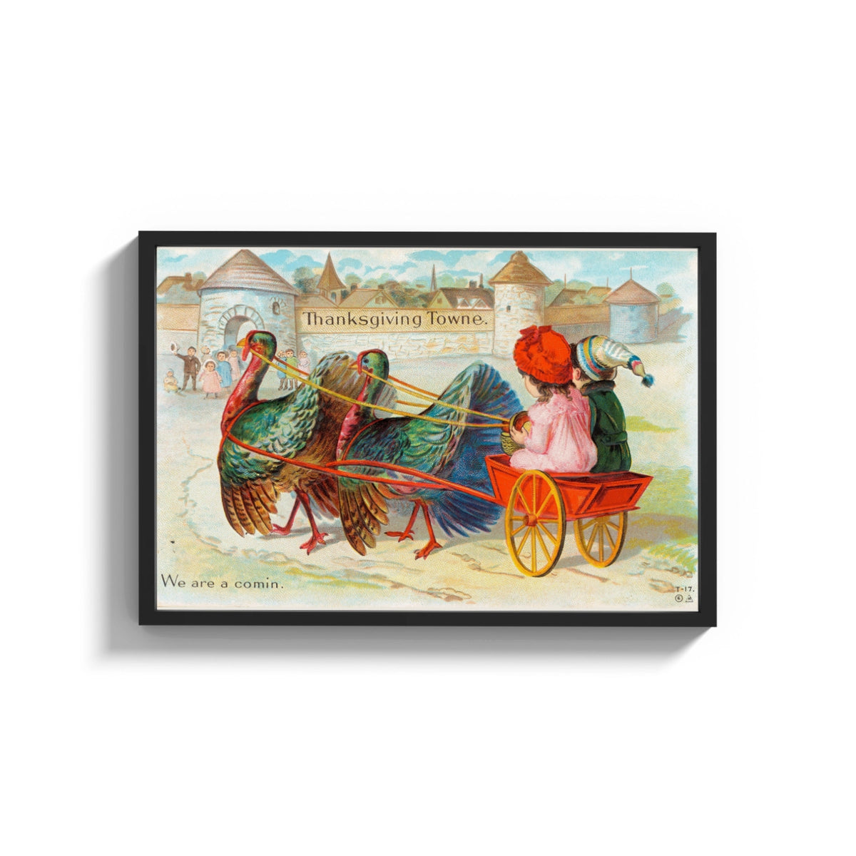 Framed Thanksgiving Towne Turkey Wagon print shown as a wide statement piece on a clean white wall