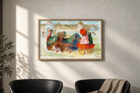 Thanksgiving Towne Turkey Wagon print in an oak frame on a sunlit wall above two leather armchairs