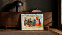 Thanksgiving Towne Turkey Wagon print in a black frame leaning against a walnut sideboard