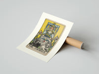 Rolled The Chariot tarot card figure poster beside its crush-resistant kraft shipping tube