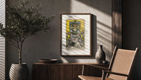 The Chariot tarot card figure poster framed above a fluted sideboard beside an olive tree
