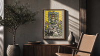 The Chariot poster framed above a fluted sideboard beside a potted tree