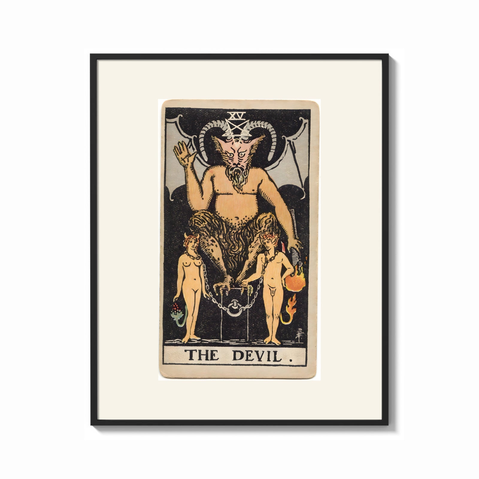 Framed The Devil tarot card figure print shown as a bold statement piece on a clean gallery wall