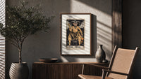 The Devil tarot card figure poster framed above a fluted sideboard beside an olive tree