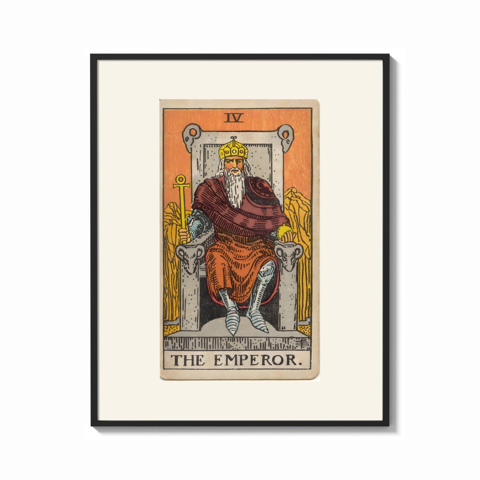 Framed Bearded emperor on stone throne print shown as a bold statement piece on a clean gallery wall