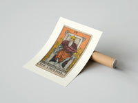 Rolled Bearded emperor on stone throne poster beside its crush-resistant kraft shipping tube