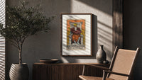 Bearded emperor on stone throne poster framed above a fluted sideboard beside an olive tree